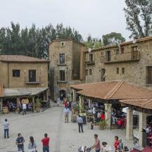 a group of people walking around a town with buildings