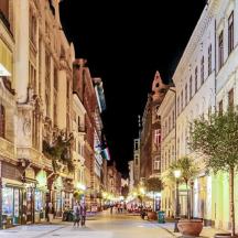 un carrer de la ciutat a la nit amb gent caminant pel carrer