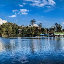 a view of a lake with houses and trees