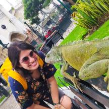 una dona asseguda en un banc al costat d'una iguana