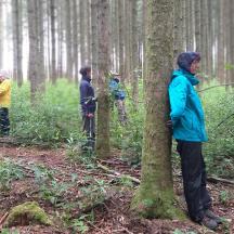 a group of people standing in a forest