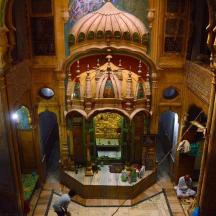 an overhead view of a building with people in it