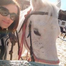 a woman is standing next to a white horse