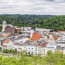 an overview of a city with a river and buildings
