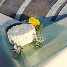 a piece of cake on a blue plate with a flower