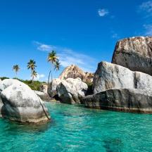 a group of rocks in the water with palm trees