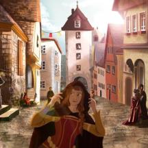 ein Gemälde einer Frau, die eine Straße entlang geht