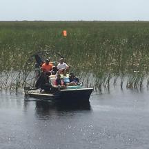 a group of people in a boat on a body of water