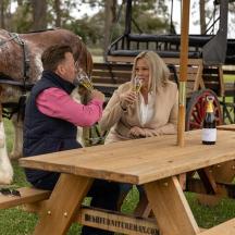 a man and woman drinking wine at a picnic table with a horse