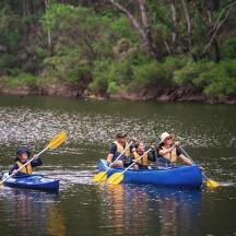 a group of people in kayaks on a river