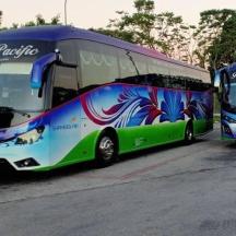 two buses parked next to each other on a street