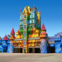 a disney castle building with a colorful