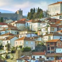 a town with houses on a hill with a castle