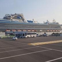 a large cruise ship parked in a parking lot