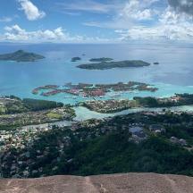 an aerial view of a group of islands in the water