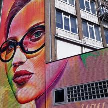 un gran mural d'una dona amb ulleres en un edifici