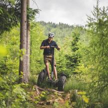 un home anant en bicicleta al bosc