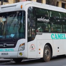 a white bus is driving down the street
