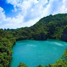 una vista aerea di un lago blu in una foresta