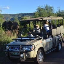 a group of people in a jeep driving down a road