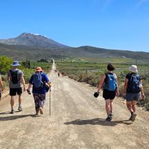 a group of people walking down a dirt road