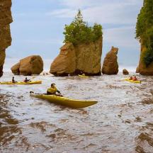 a group of people kayaking on a river near rocks