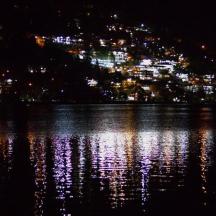 a view of a lake at night with a city