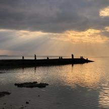 a group of people standing on a pier in the water