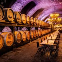 una filera de bótes de vi en un celler