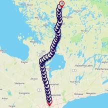 a route on a map with a red marker