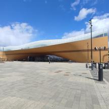 a large building with a large boat on top of it