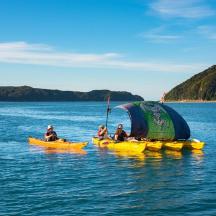 a group of people in kayaks in the water