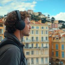 a man wearing headphones looking at a city