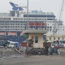 a cruise ship is docked in a parking lot