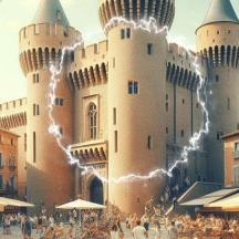un rendering di un castello con persone di fronte