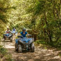 a group of people riding atvs on a dirt trail