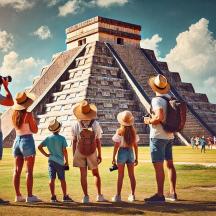 un groupe de personnes debout devant une pyramide