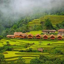 a large green field with houses on top of it