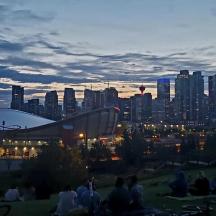 a group of people sitting in a park with a city skyline
