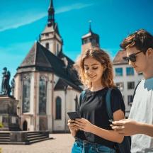 ein Mann und eine Frau schauen auf ein Mobiltelefon