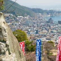 a stone statue of a snakes head on a hill overlooking a city