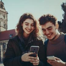 moški in ženska gledata v svoja mobilna telefona