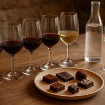a table topped with glasses of wine and chocolate