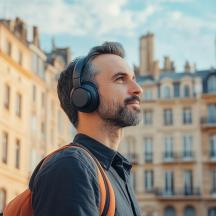 un home amb auriculars dret davant d'un edifici