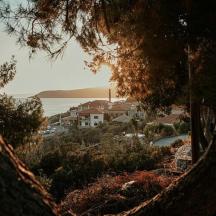 una vista d'un poble des de darrere d'un arbre