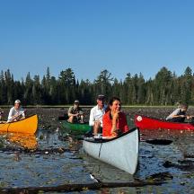 a group of people in kayaks on a lake