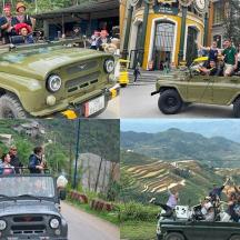 a group of people riding in a green truck
