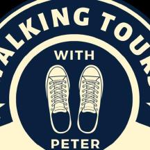 a blue and white logo with a pair of shoes