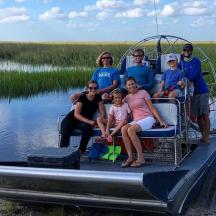 a group of people sitting on a boat in the water