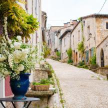 a vase filled with flowers sitting on a table in an alley
